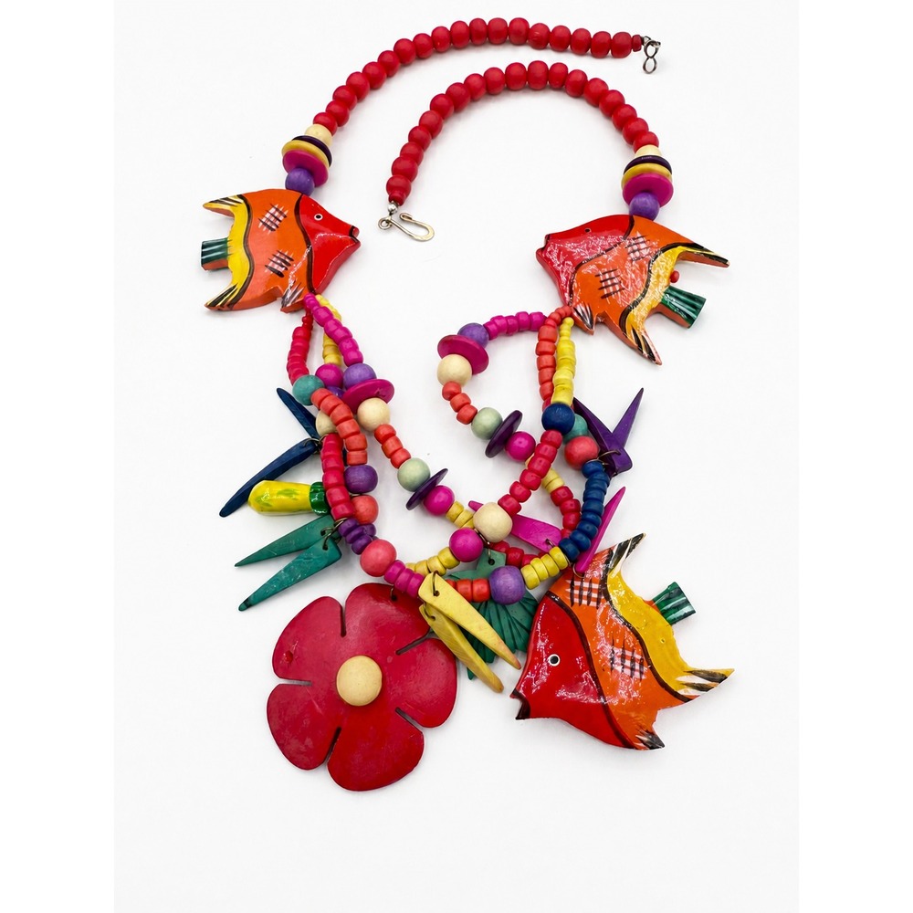Vintage Folk Art Wooden Fish Necklace Multi Strand Tropical Kitsch Statement